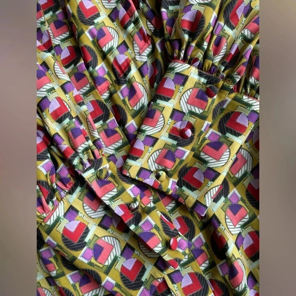 ALEXIS Dress Women’s Small Mirene Bronze Geo Neck Tie Bow Ruffle Hem Mini - Picture 9 of 12